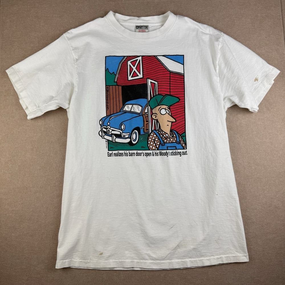 Vintage Oneita Shirt Men L White Cartoon‎ Farm Woody Quote Funny Single Stitch